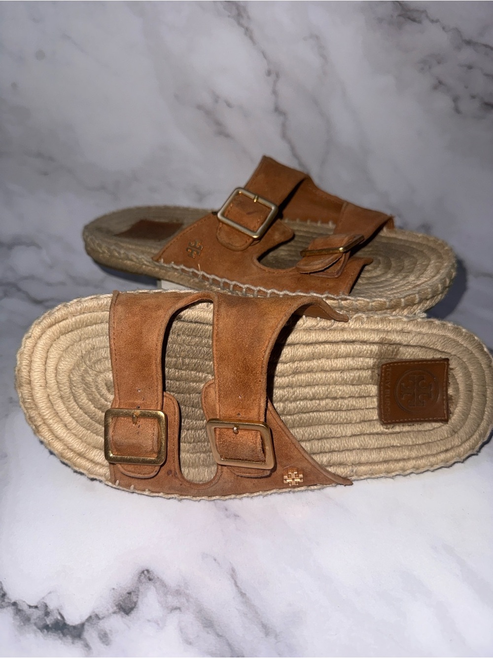 Tory Burch Tan Suede Double-Buckle Espadrille Slide Sandals